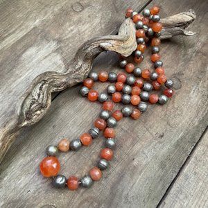 Vintage Ecuador Faceted Orange Glass Bead & Silver Navajo Pearl Necklace